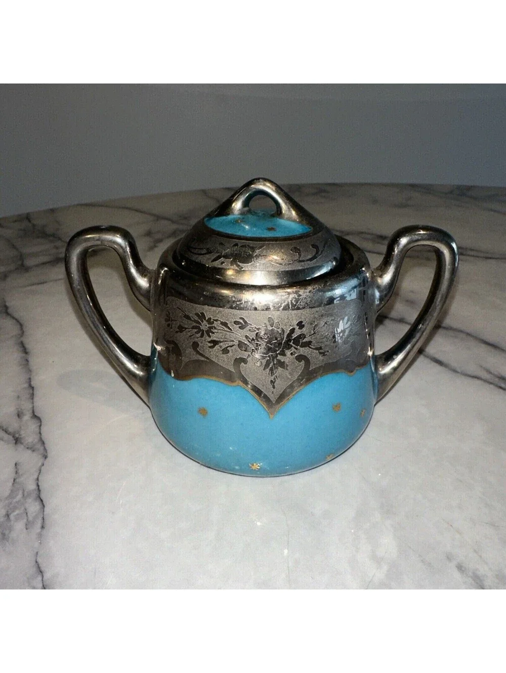 Brauer Hand Painted Lidded Sugar Bowl vintage Silver Chrome Gold Blue Art Deco